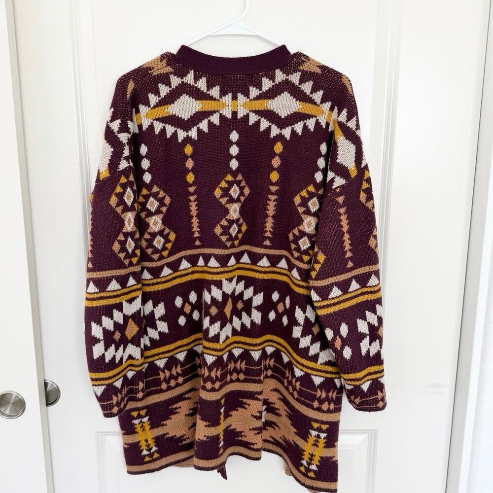 Savanna Jane Aztec Boho Open Front Cardigan Maroon Yellow Large - Picture 2 of 5